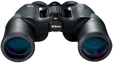 Nikon Aculon A211 8 X 42 with black rubber-armored coating, central focus knob, and multi-coated lenses