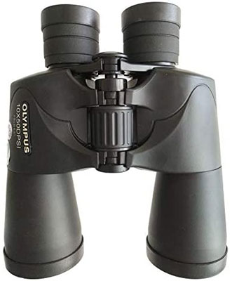 Olympus Trooper 10x50 DPS I Binoculars with black finish, rubber coating, and central focus knob