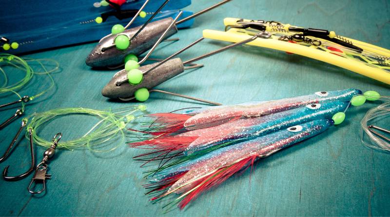Different types of fishing equipment include three artificial baits, flies, lures, rigs, and plastic spools