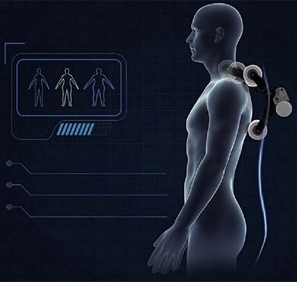 An illustration of the Ideal Zero Gravity Massage Chair's auto body scan and rollers massaging a man's neck & back