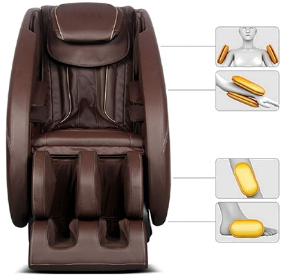 An illustration of the airbags on the Ideal Shiatsu Massage Chair located at the shoulders, arms, calves, & feet