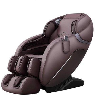 iRest A303 SL with dark chocolate brown PU upholstery, silver highlights, & a pouch for the remote on one side